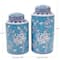 Blue Ceramic Decorative Jar Set with White Floral Patterns